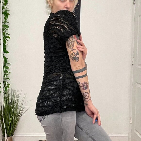 Chico's Oversize Crochet Knit Sweater Short Sleeve Size 2 Black - Picture 13 of 13